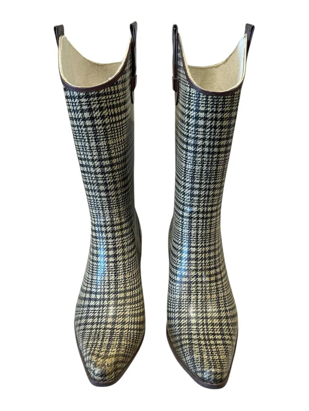 Corkys Womens Brown Houndstooth Rubber Western Rain Boots Academia Preppy Sz 9